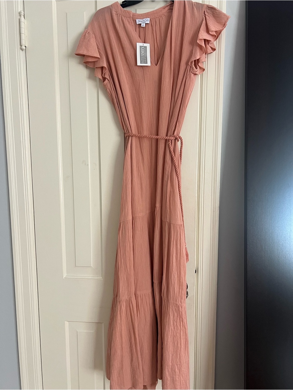 INTERMIX Peach Tiered Midi Dress with Ruffle Sleeves